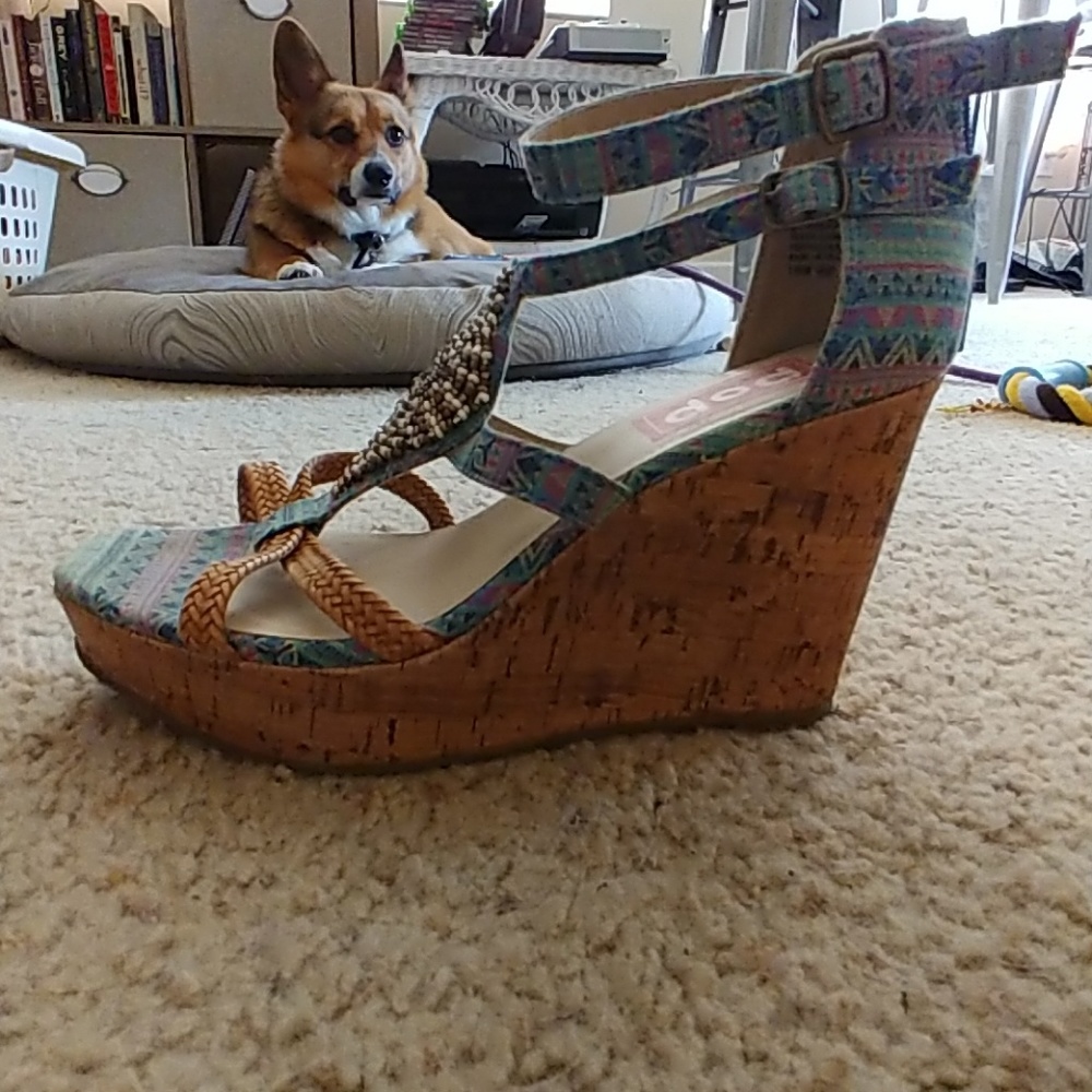 Blue print wedge sandals